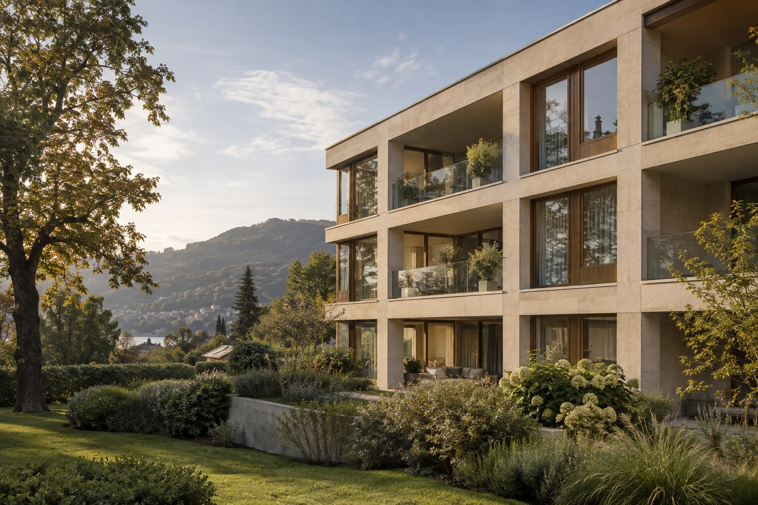Zeitgemässes Wohnhaus mit Natursteinfassade und Garten – illustrative Architekturvisualisierung